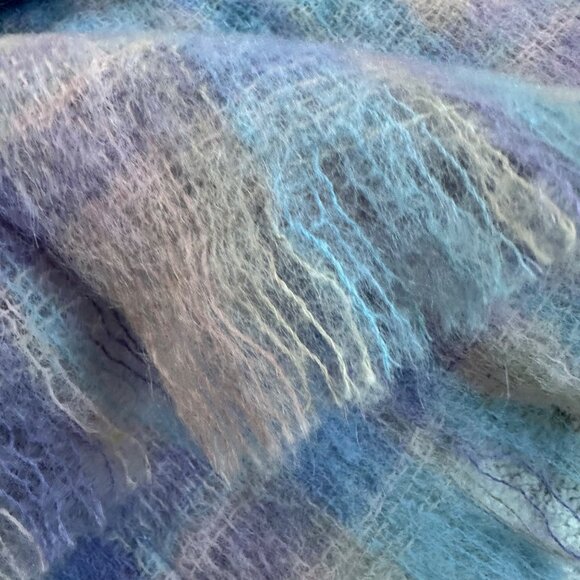 Vintage 60s Pastel Plaid Purple/Pink Fringe Mohair Wool Large 18x72 Rectangle Sc - Picture 3 of 5